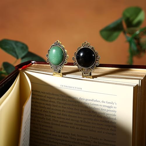 2Pcs Black Obsidian&Green Aventurine Bookmark with Natural Crystal Stone - Vintage Brass Metal Bookmarks for Reading Women, Men, Book Lovers, Girls and Teachers Book Marks(Black Onyx&Green Jade) - color: Black Onyx&green Jade