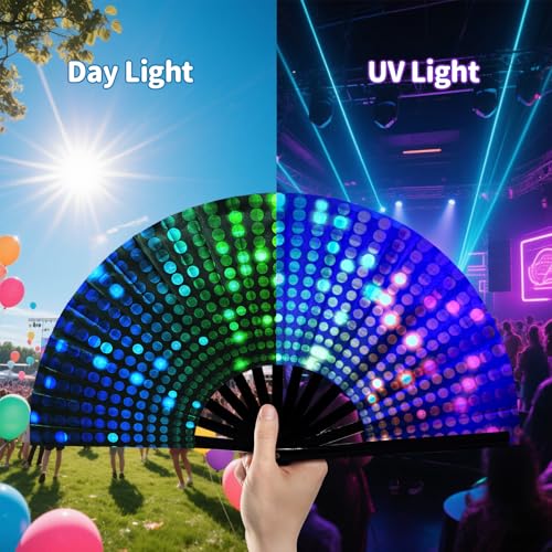 EOSAU Large UV Glow Rave Fan Folding Hand Fans for Line Dancing Dj Lighting - color: 13" Dj Lighting