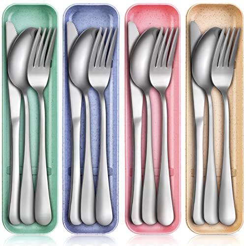 Yinkin 4 Pack Travel Silverware Set with Case for Lunch,Beige - color: Beige
