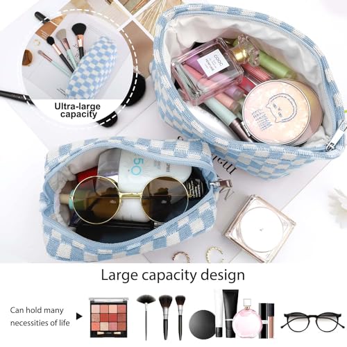 EIMMBD Makeup Bag 3 Pieces Large Capacity Checkered Cosmetic Bags Travel Toiletry Bag Organizer Cute Makeup Pouch Storage for Women(Blue) - color: Blue
