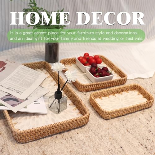 Rectangle Rattan Tray with Mother of Pearl Inlay, Handmade Wicker Fruit/Bread/Coffee Serving Basket for Party Picnic Table Kitchen Home Boho Decor 3 Sizes (White Flower) - color: White Flower