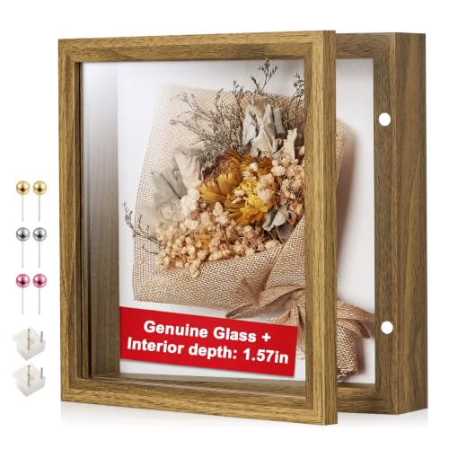 8x8 Brown Deep Shadow Box Picture Frame with HD Clear Glass - color: Brown, size: 8x8