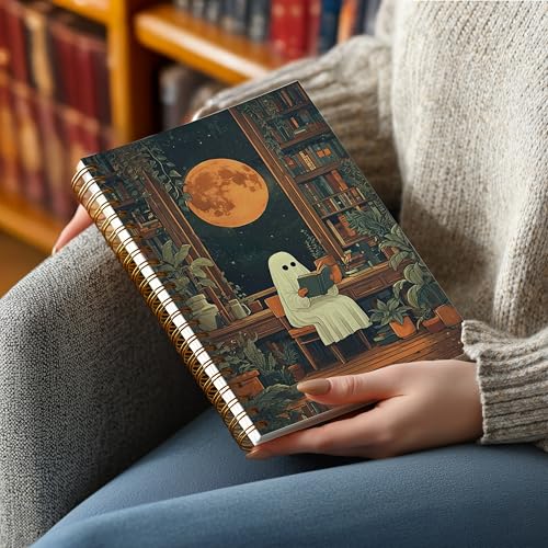 Notebook Journal for Women - A5 Spiral Notebook with Ghost in forest Design, Vintage Dark Romantic Ghost Wildflowers, Gothic Office & School Supplies, Unique Gifts for Women Birthday, Christmas (Moon Ghost) - color: Moon Ghost