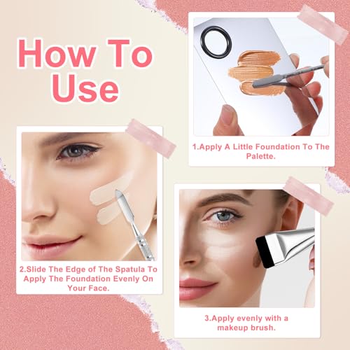 4 Pcs Makeup Mixing Palette with Flat Foundation Brush Dual-Head Make Up Spatula Triangle Powder Puffs, Foundation Palette for Women Girl Korean Facial Cosmetic, Nail Art, Pigment Blending