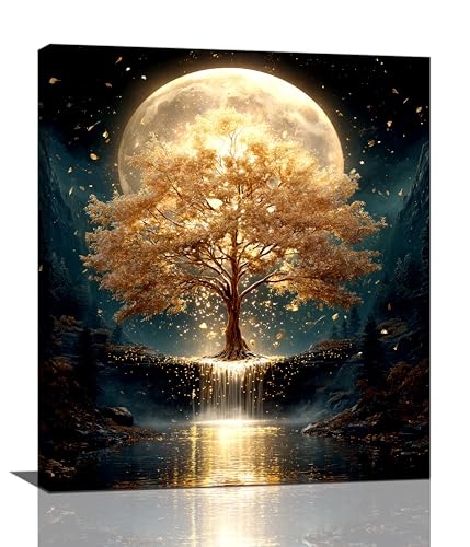 Golden Tree Wall Art Fantasy Tree with Moon and Waterfall Canvas Wall Decor Pictures Paintings Prints Mystical Nature Artwork Framed De corations For Meditation Space Bathroom Bedroom Living Room Office Gifts 20" x 24" - color: Golden Tree, size: 24"L x 2