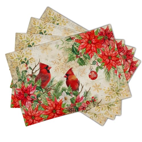 Winter Red Birds Placemats Set of 4 Xmas Holly Berry Pine Cones Place Mat for Kitchen Dining Decor 12 x 18 Inch Watercolor Poinsettias Linen Fabric Table Mats for Home Holiday Seasonal Party - color: Xmas Bird