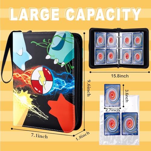 Trading Card Binder, 50 Removable Sleeves, PU material and Waterproof,3 Ring Zipper Portable Collectible Game Card Albums Gifts for Boys and Girls,400 pockets - size: 400 pockets