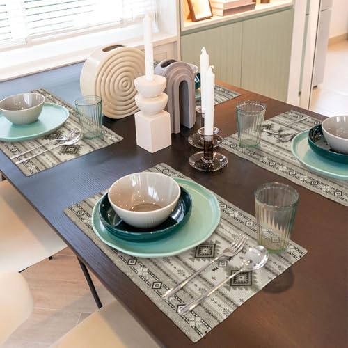 Aztec Placemats Set of 4, Linen Washable Table Mats 12 x 18 Inch, Southwestern Geometric Place Mats for Dining Table Kitchen Boho Farmhouse Decor - color: Gray Aztec, size: 12x18"Placemats x4