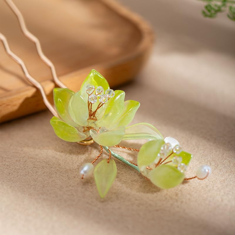 Green Snow Lotus Hairpin Chinese Hanfu and Han Style Hair Retro Flower with Metal Handmade Hair Clip Hair Accessories for Women Girls Long Hair (Green Snow Lotus) - color: Green Snow Lotus