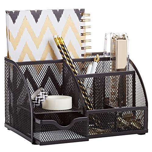Annova Mesh Desk Organizer Office with 7 Compartments + Drawer/Desk Tidy Candy/Pen Holder/Multifunctional Organizer (Black) - color: Black