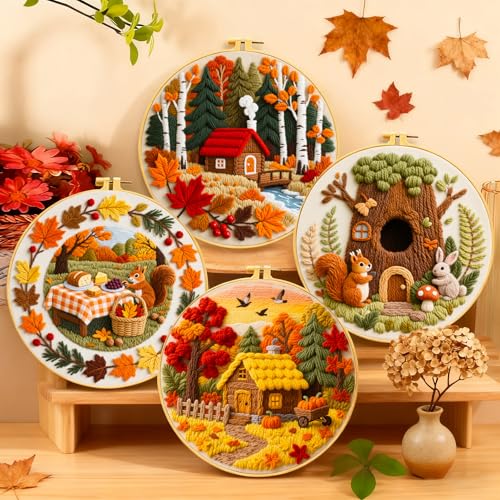 Zhenqing 4-Piece Autumn Embroidery Kit for Beginners, Fall Cabin Squirrel Treehouse Pumpkin Needlework Set with Pre-Printed Fabric, Hoop & Threads (C0167) - color: Autumn Woodland Collection