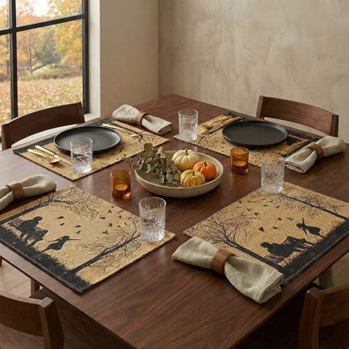 DaDalogy Farmhouse Rustic Dining Placemats - Set of 4 Tapestry Woven Cotton Halloween Kitchen Table Mats Fall Silhouette Decor - Family Cozy Cabin Orange Tan Black Decorative - 13” x 19” - color: Autumn Family Blessing