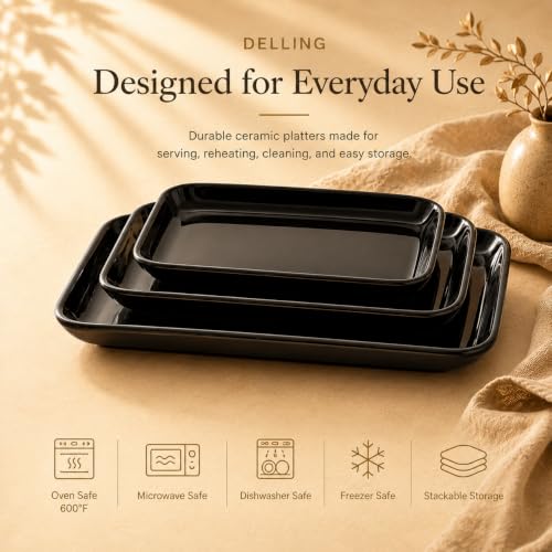 DELLING Large Serving Platter Set of 3, 16/14/12 Inch Porcelain Serving Trays for Party - Black Ceramic Rectangular Platters for Entertaining,Platter for Thanksgiving Christmas, Dishwasher Oven Safe - color: Black, size: 16 x 9.5 inch, 14 x 8.1 inch, 12 x