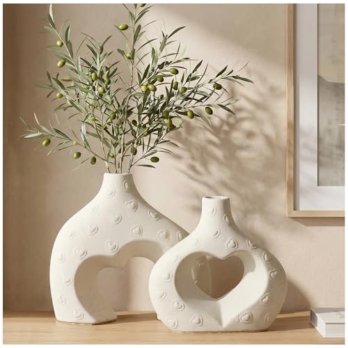 White Ceramic Flower Vases Table Decor Heart Shaped Vase Set of 2 - color: Large Cream White