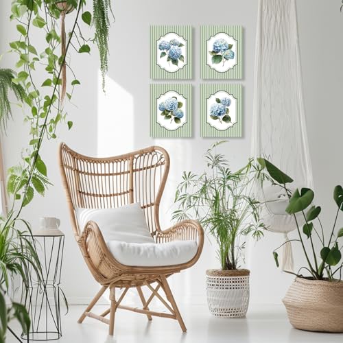 LUKIPOM Hydrangea Green Wall Art Poster,Blue and Green Grandmillennial Cottagecore Floral Canvas Wall Decor Gifts for Women Girls Room Bedroom Dorm Apartment，8x12inin Set of 4 Unframed - color: Color 021