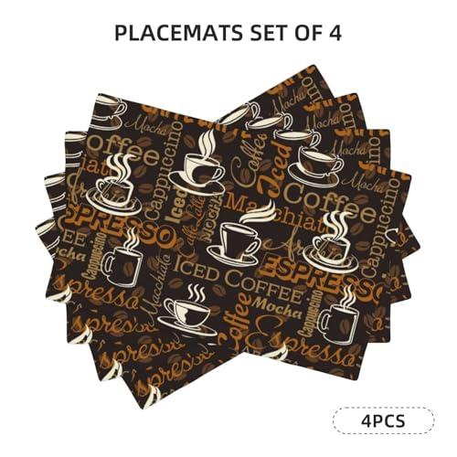 Brown Coffee Printing Rectangle Linen Table Placemet Set of 4 - color: Brown White, size: Set of 4