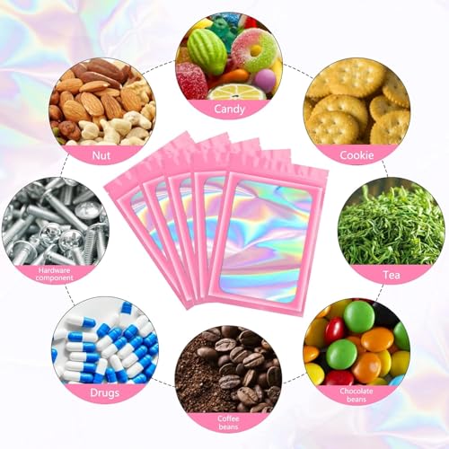 Funfery 100pcs Pink Mylar Holographic Bag-Resealable Zipper&Clear Window - color: Pink, size: 7 x 10 Inch
