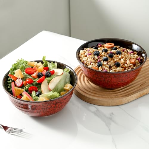 Hasense Ceramic Salad Bowl, 60 Ounces Large Serving Bowls, 8.5 Inch Soup Bowls Set of 2, Pasta Bowls for Ramen, Pho, Fruit, Housewarming, Wedding Gifts, Microwave Dishwasher Safe, Red - color: Red, size: 65 Ounce