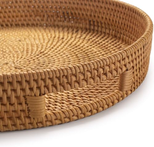 Coffee Table Tray Round Rattan Ottoman Tray Woven Serving Trays with Handles for Home and Kitchen Decorative Natural (Large 16.9 inch) - color: Natural, size: 16.9"
