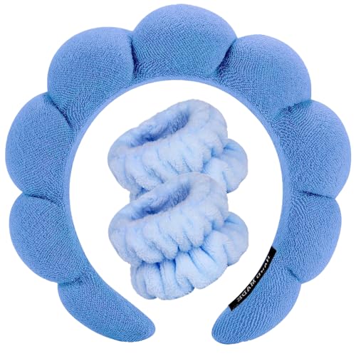 Spa Headbands for Washing Face Wristband Set Sponge Makeup Skincare Headband Wrist Towels Bubble Soft Terry Towel Cloth Hairband for Women Puffy Headwear Non Slip Thick Thin Hair Headwear (Dark blue) - color: Dark blue