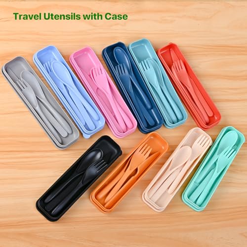 Travel Utensils Set with Case, 8 Sets Camping Utensils Reusable Wheat Straw Utensils Set With Case, Knife Spoon and Fork Set for Lunch Box - color: Multicolor