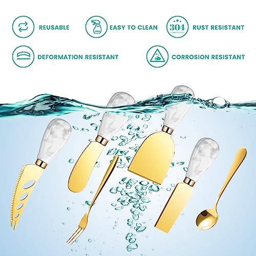 Marble Gold Cheese Knife Set, Ceramic Handle Charcuterie Board Accessories Butter Spreader Slicer Knife With Serving Tongs, Spoons, Forks, Flags Markers, Wooden Honey Dipper - color: Marble Gold