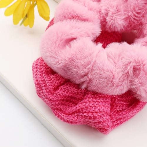Scrunchies for Women Girls 6Pcs Hot Pink Knit Fuzzy Scrunchies for Thick Hair Ultra Textured Soft Scrunchy Hair Ties Solid Elastic Hair Bands Ponytail Holders Cute Hair Accessories Holiday Gift - color: Hot Pink 6PCS