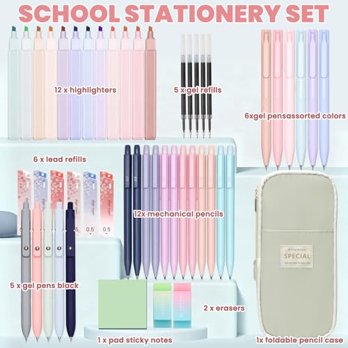 50 PCS Aesthetic School Supplies with Cute Pen Case,12 Pastel Highlighters,5 Black Ink Gel Pens, 12 Mechanical Pencils Set 0.5 & 0.7 mm 6 Color Gel Pens for Students Stationary College Essentials - color: Green