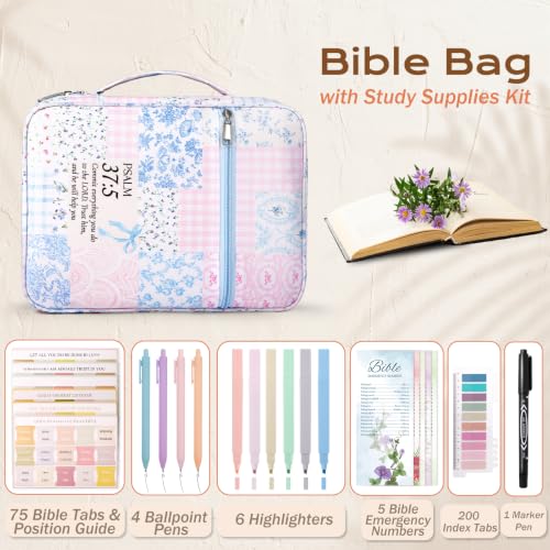 XKDOUS Bible Cover Case for Women Bible Bag Journaling Kit w/Study Supplies - color: Canvas Blue Patchwork, size: Large