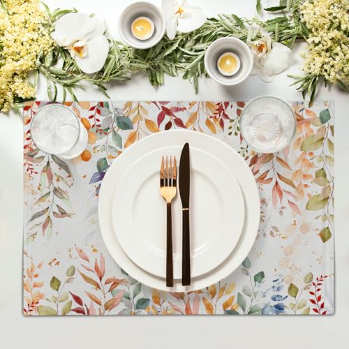 Fall Eucalyptus Leaf Table Placemats Set of 4, Colorful Leaves Heat-Resistant Tabletop Place Mats 12x18 Inch Autumn Seasonal Outdoor Table Mats Decorations for Party Dining Kitchen - color: Fall Colorful Leaves