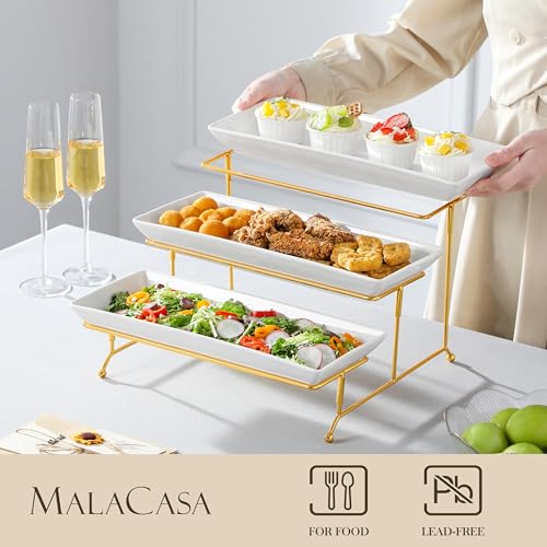 MALACASA 3 Tier Serving Trays for Party, 14 Inch Porcelain White Trays for Serving Food, Dessert Stand with Collapsible Gold Metal Rack - color: White Gold, size: 14 Inch