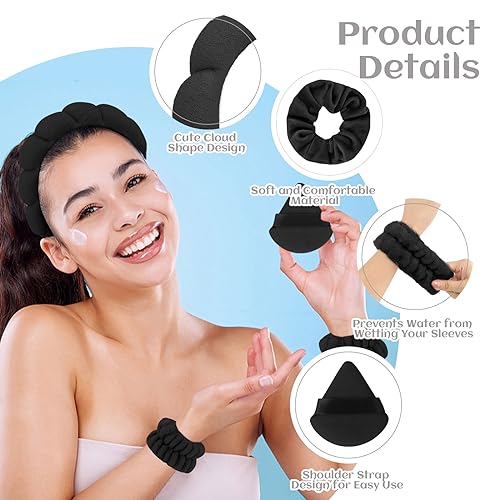 7Pc Headband and Wristband Set for Skincare, Face Washing, Makeup Removal - Includes Terry Cloth Headbands, Facial Sponges, and Powder Puffs in Black - color: Black