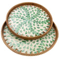 2 Pcs Rattan Mother of Pearl Inlay Serving Tray, Round Wicker Handwoven Coffee Table Boho Decor Tray Basket Tray for Fruit Food Kitchen Home Office Party Wedding (Leaf Spring)