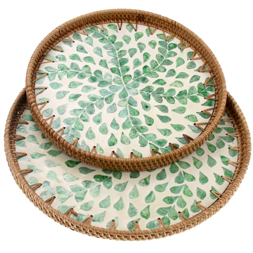 2 Pcs Rattan Mother of Pearl Inlay Serving Tray, Round Wicker Handwoven Coffee Table Boho Decor Tray Basket Tray for Fruit Food Kitchen Home Office Party Wedding (Leaf Spring)