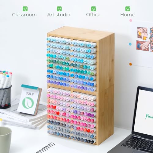 Ohuhu Bamboo Marker Organizer, Wooden Desktop Storage Holds 126 Markers - style: Right Angle Hold 126 Markers