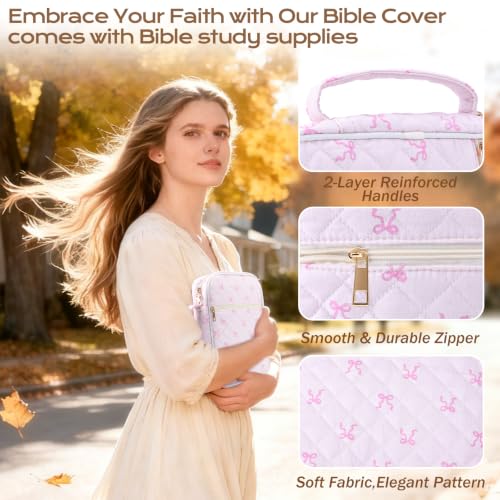XKDOUS Bible Cover for Women Bible Bag Kit Church Book Holder Carrying Case - color: Pink Bow