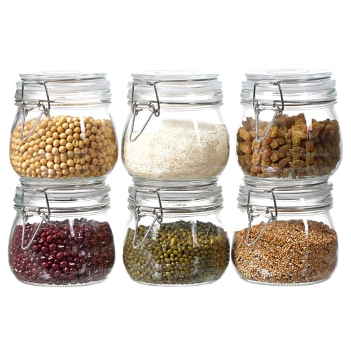 6 Pack 17oz Food Storage Jars with Airtight Lids, Preserving Seal Wire Clip Fastening Glass Containers, Canisters for Kitchen Organization, Flour, Cereal, Pasta, Sugar, Beans, Pickling Jars (17 Oz*6) - size: 17 Oz*6