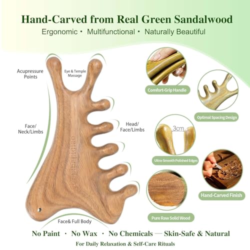 4-in-1 100% Green Sandalwood Massage Comb & Gua Sha Tool - color: Sandalwood Whisper