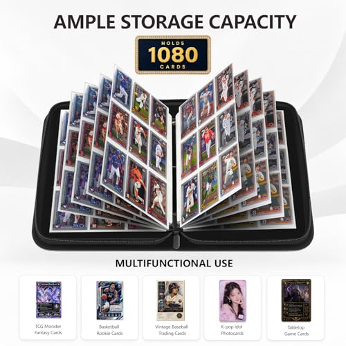 Baseball Card Binder, 9 Pocket Trading Card Zip Binder Holds 1080 Cards - color: Baseball