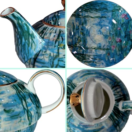 Porcelain 13 OZ Tea for One Teapot and Cup Set Vintage Floral Ceramic Tea Set European Style Tea pot and Saucer Set (Water Lily) - color: Water Lily