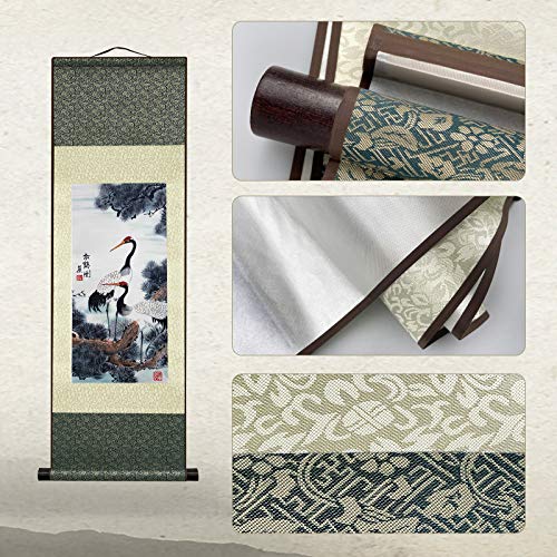 AtfArt White Crane Silk Scroll, Asian Wall Art, 36.2x12in - color: B2
