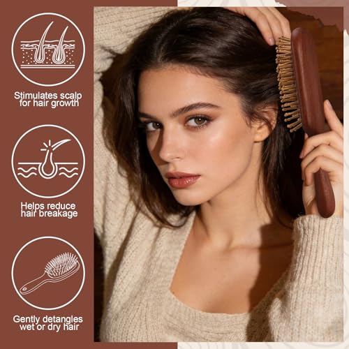 ProSuites Wooden Color Hair Brush and Comb Set for Women Men and Kids, Wood Wide-tooth brush and tail comb - Detangling Brush for Wet Dry Curly Hair - color: Wooden Color