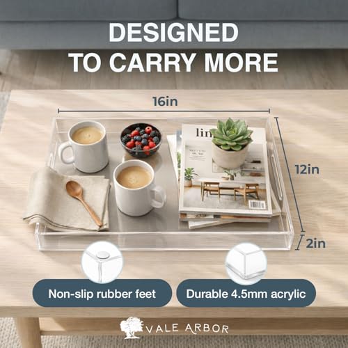 Clear Small Acrylic Serving Tray 16x12, Waterproof Modern Coffee Table Tray with Handles, Decorative Rectangle Acrylic Organizers for Living Room, Bar Cart, Bathroom Decor & Vanity Desk Decor - color: Clear, size: 16" x 12" x 2"