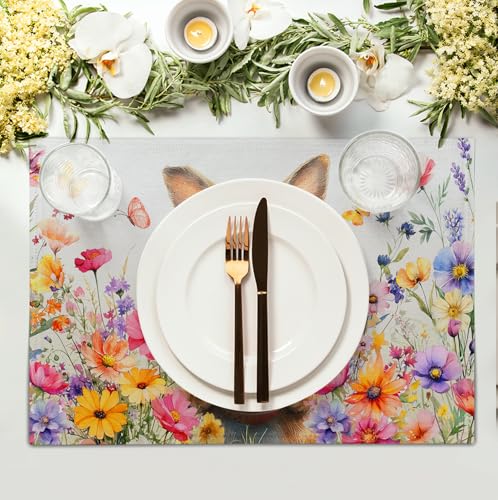 Easter Rabbit Placemats Set of 4 Spring Bunny Colorful Egg Wildflower Place Mat 12x18 Inch Seasonal Farmhouse Linen Fabric Table Mats for Kitchen Dining Outdoor Indoor Easter Party - color: Easter Bunny Flower
