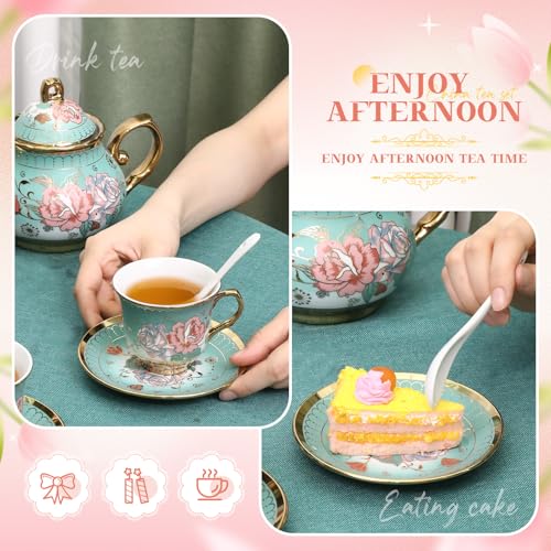 21 Pcs Porcelain Tea Set with 3 Tier Dessert Stand, Green, Summer - color: Green, style: Summer