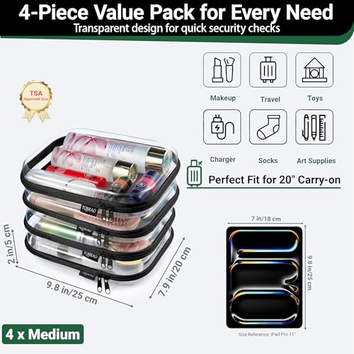 YQBRAO Clear Hard Shell Zipper Cases, 4 Medium Makeup Organizers, Black - color: Black, size: 4 Pack(M)