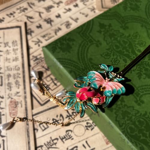 Peony with Pearl Tassels Hairpin Chinese Hanfu and Han Style Hair Retro Flower with Metal Handmade Hair Clip Hair Accessories for Women Girls Long Hair (Peony Flower) - color: Peony Flower