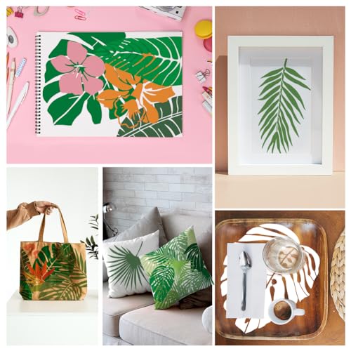 9Pcs Tropical Leaf and Flower Wall Stencil Templates 11.8 x 11.8 Inch Plastic Reusable Art Stencils for Painting on Walls Floors Fabric Furniture Glass DIY Home Decor - style: Tropical Leaf and Flower