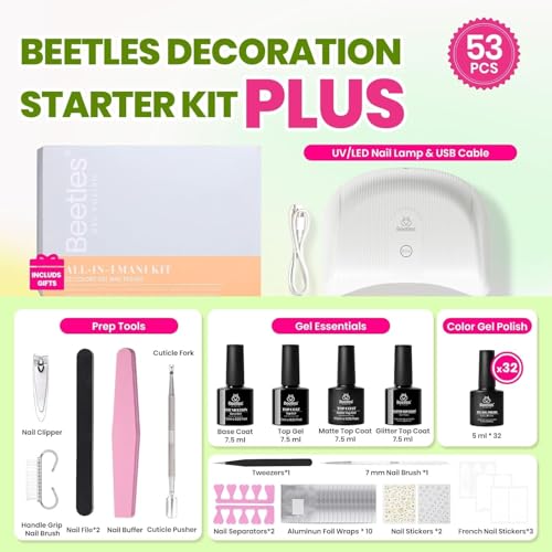 Beetles 53 Pcs Gel Nail Kit with U V Light -32 Colors Nails Kit - color: B-Emotional Manicure