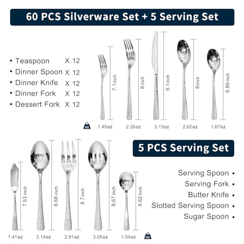 Silverware Set with Serving Utensils, 65 Piece Flatware Set, 18/10 Steel - color: Silver, size: 65-Piece